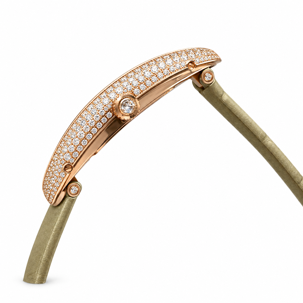 Cartier Baignoire Allongée — 18K Rose Gold, Diamond Bezel, White Dial & Olive Alligator Strap, Women