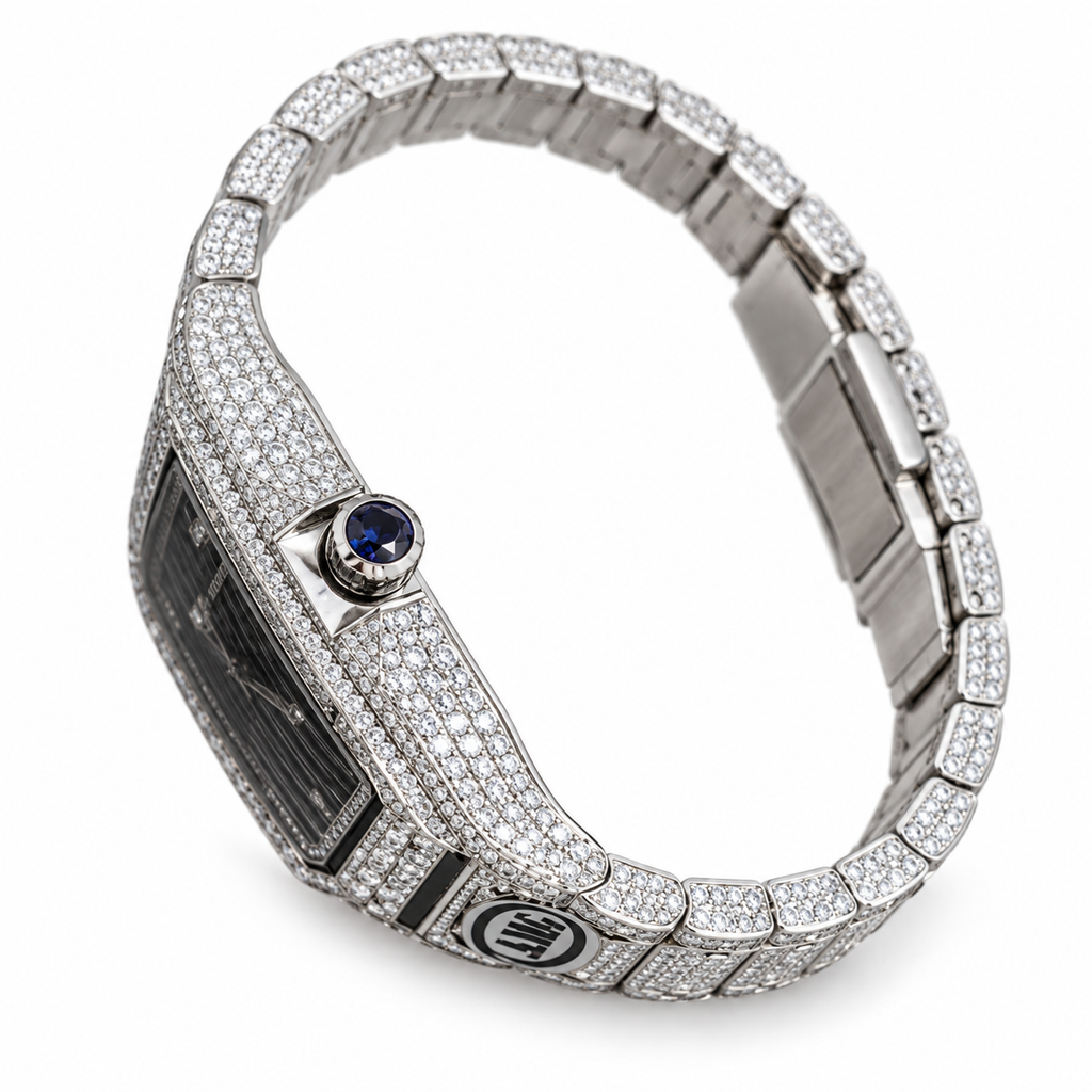 Cartier Santos de Cartier Large — Steel, Full Iced-Out Diamonds, Arabic Numeral Pavé Dial, Date & Diamond Bracelet, Automatic