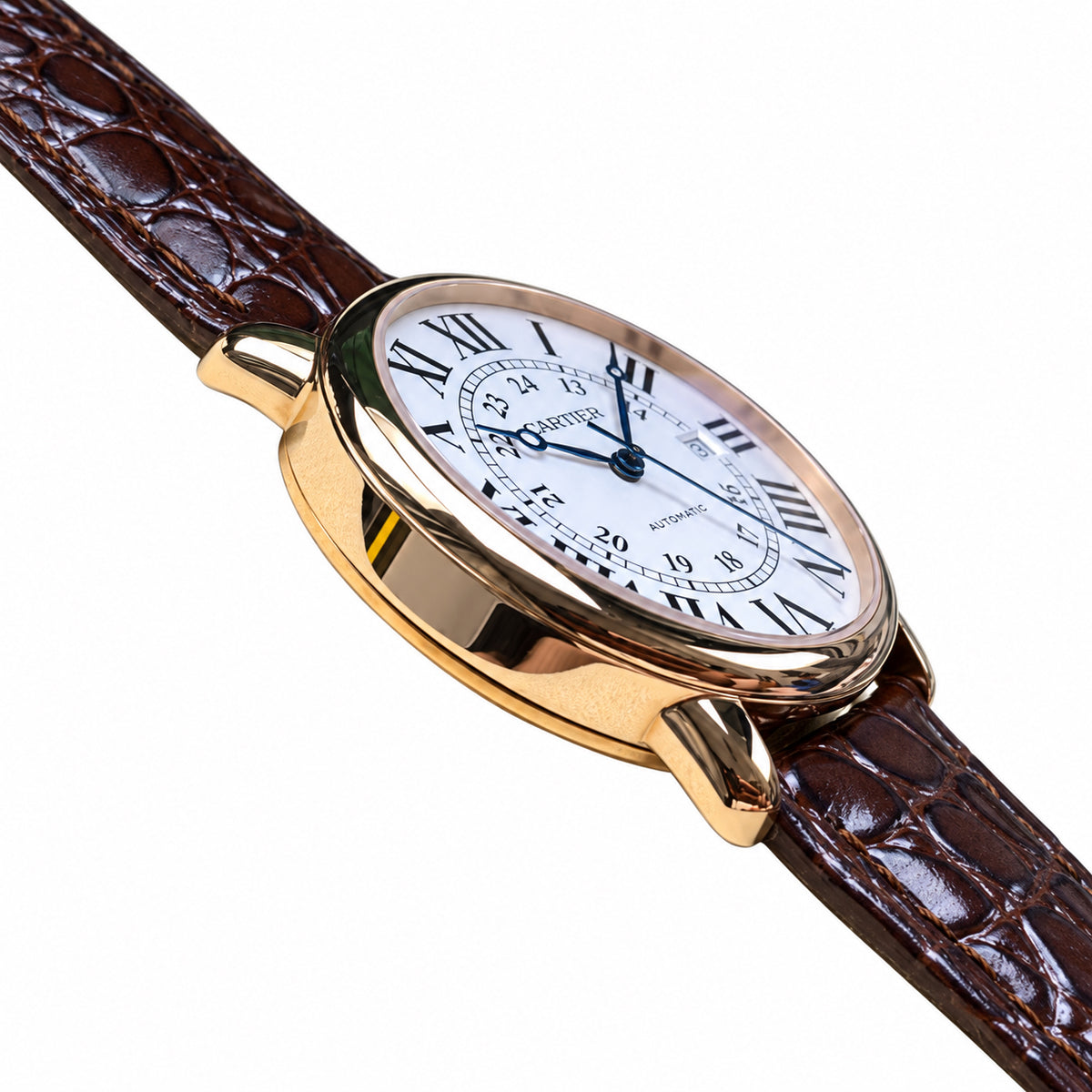 Cartier Ronde Louis Cartier Automatic — 18K Rose Gold, 24H Dial, Date & Brown Alligator Strap
