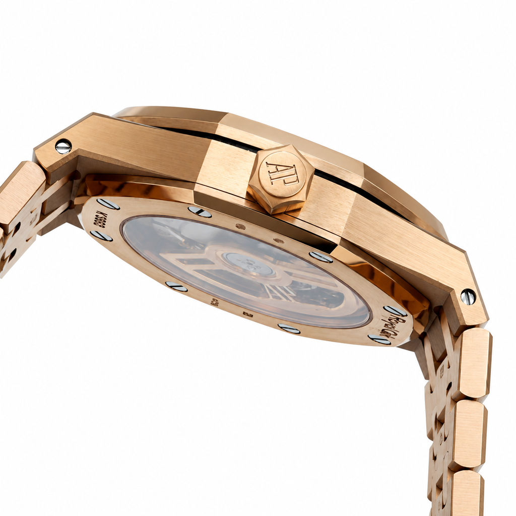 Audemars Piguet Royal Oak Rose Gold Diamond Bezel White Tapisserie Date Watch