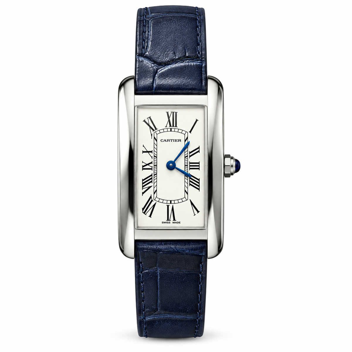 Cartier Tank Américaine Stainless Steel Silver Dial Blue Alligator Strap Watch