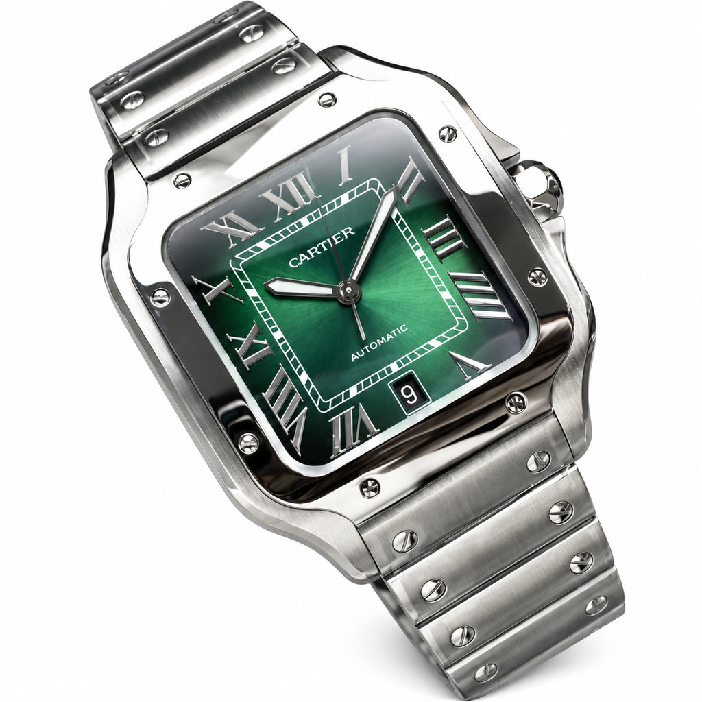 Cartier Santos Large — Steel, Green Dial, Roman Numerals, Date & Steel Bracelet, Automatic