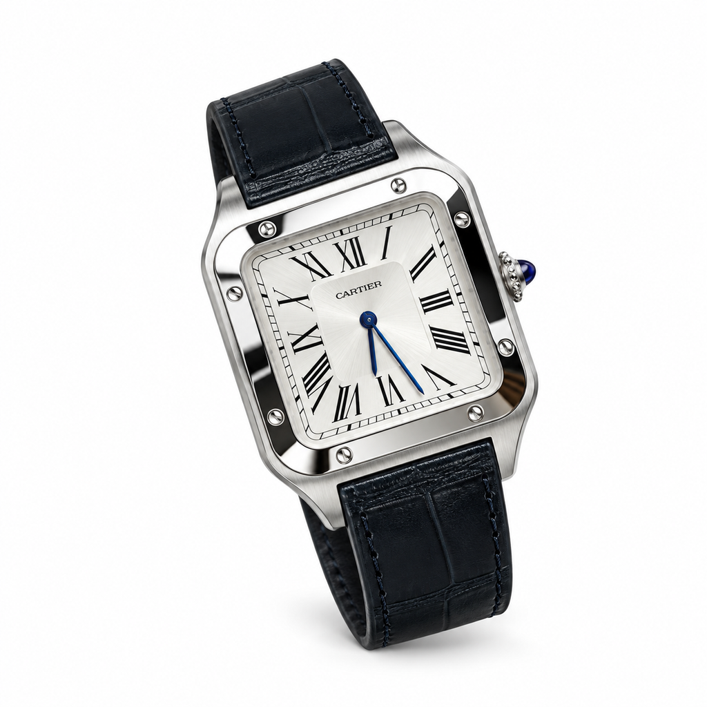 Cartier Santos-Dumont Large Steel Silver Dial Manual Navy Strap Watch – KDY