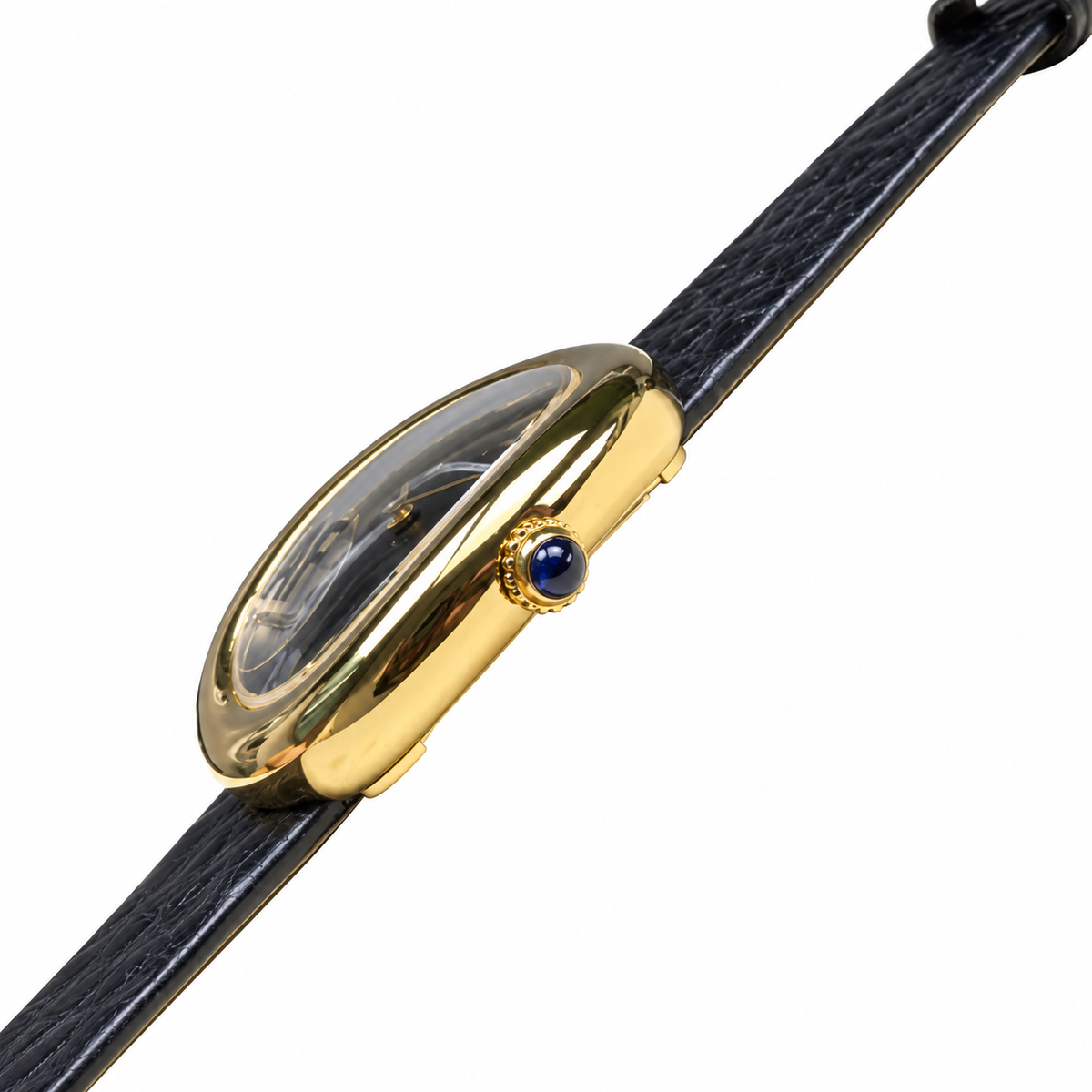 Cartier Baignoire Vintage Mini — 18K Yellow Gold, Black Onyx Dial, No Numerals & Black Leather Strap, Women