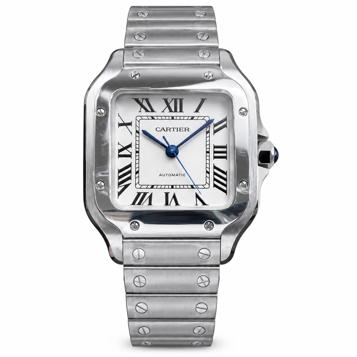 Cartier Santos Automatic White Dial Blue Hands Stainless Steel Bracelet Luxury Watch Swiss Made