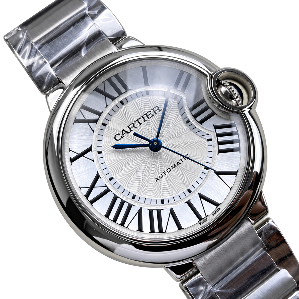 Cartier Ballon Bleu de Cartier Automatic — Stainless Steel Bracelet, White Guilloché Dial & Sapphire Crown