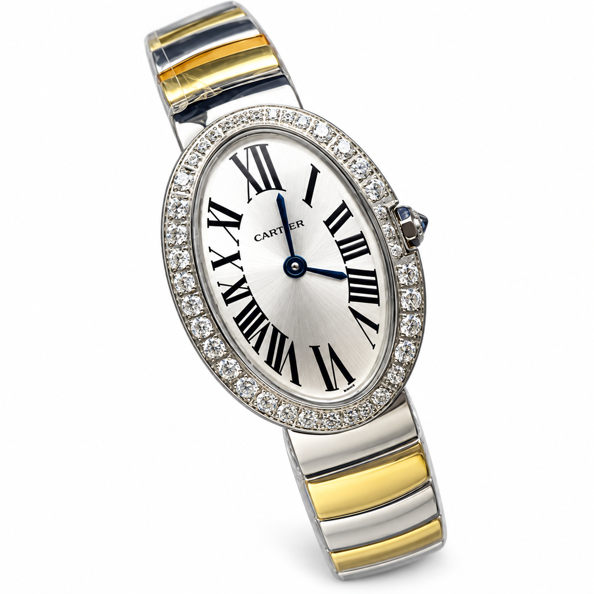 Cartier Baignoire — 18K White Gold, Large Diamond Bezel & Two-Tone Gold Bracelet