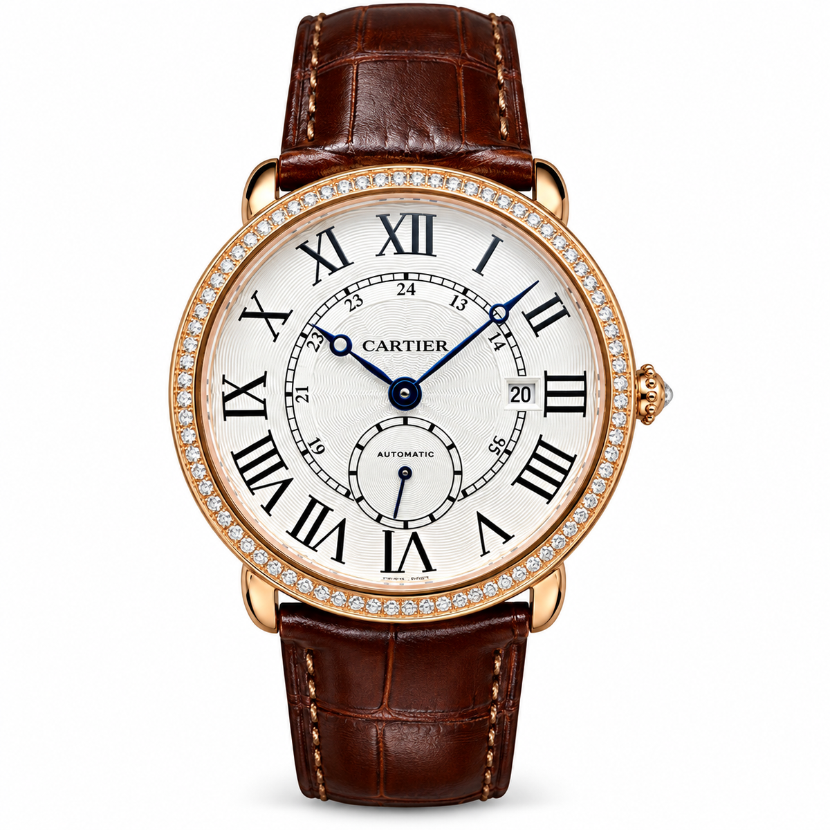 Cartier Ronde Louis Cartier Automatic — 18K Rose Gold, Diamond Bezel & Brown Alligator Strap