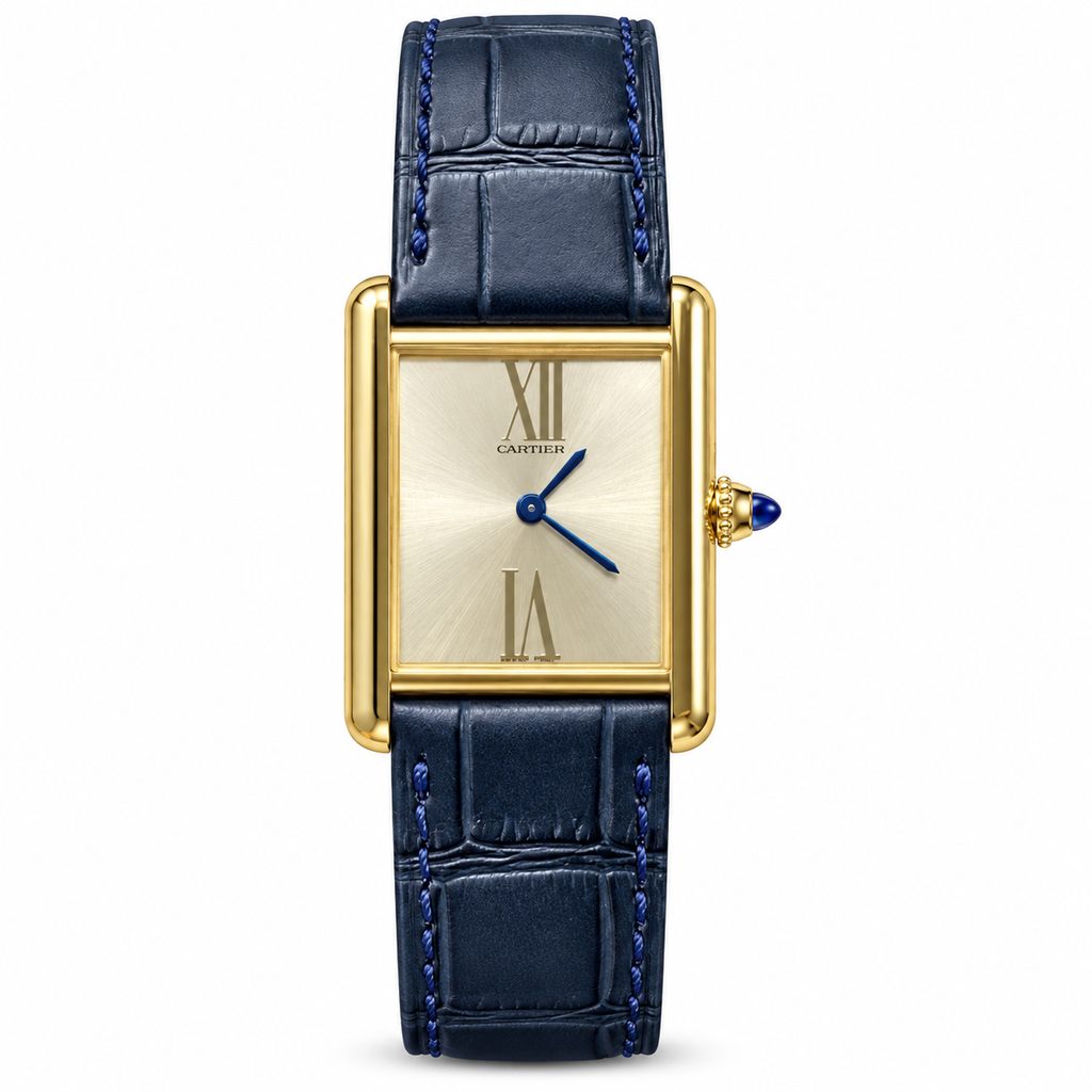 Cartier Tank Must Large 18K Yellow Gold Champagne Dial Manual-Winding Navy Blue Alligator Strap Watch