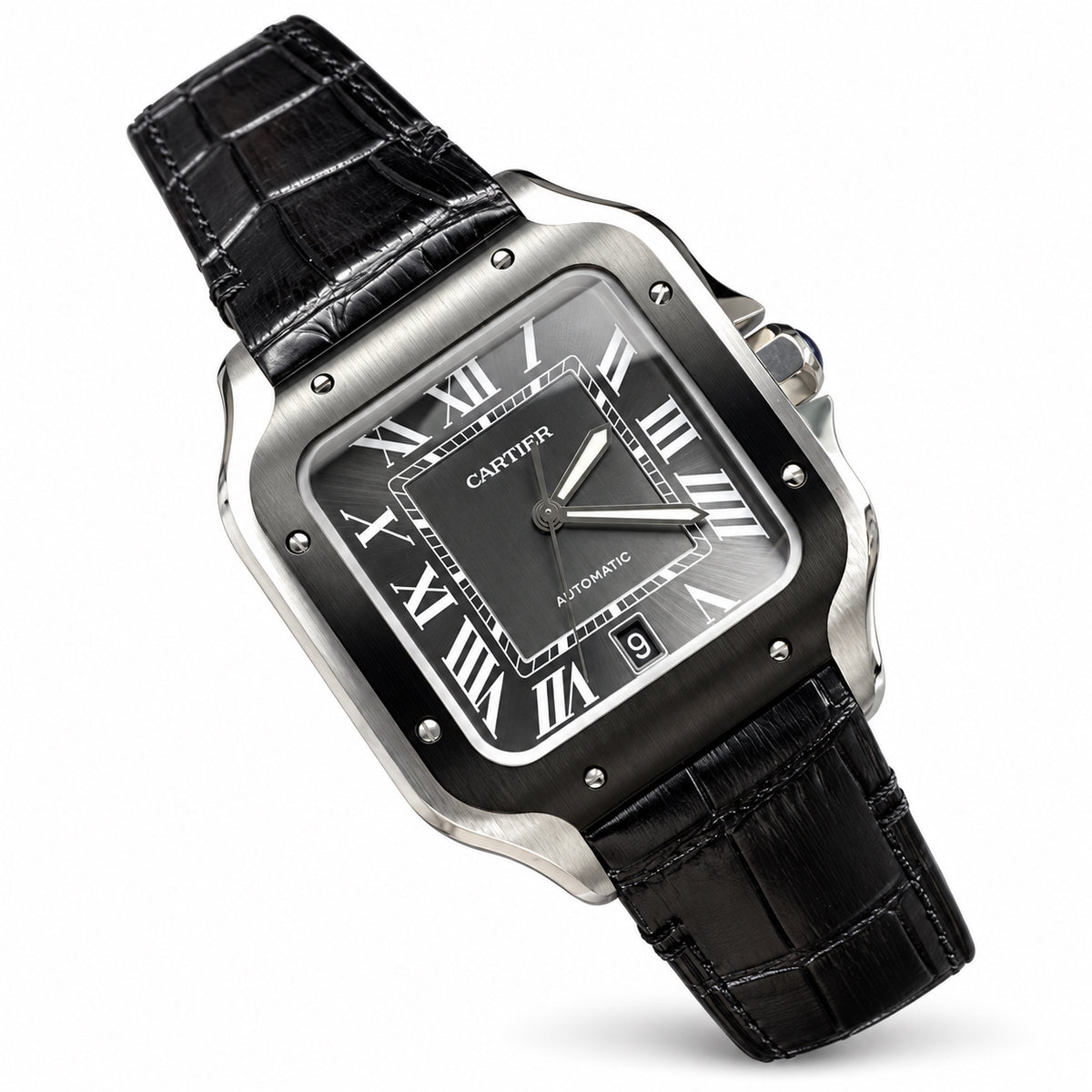 Cartier Santos Large — Steel & Black ADLC, Black Dial, Roman Numerals, Date & Black Alligator Strap, Automatic