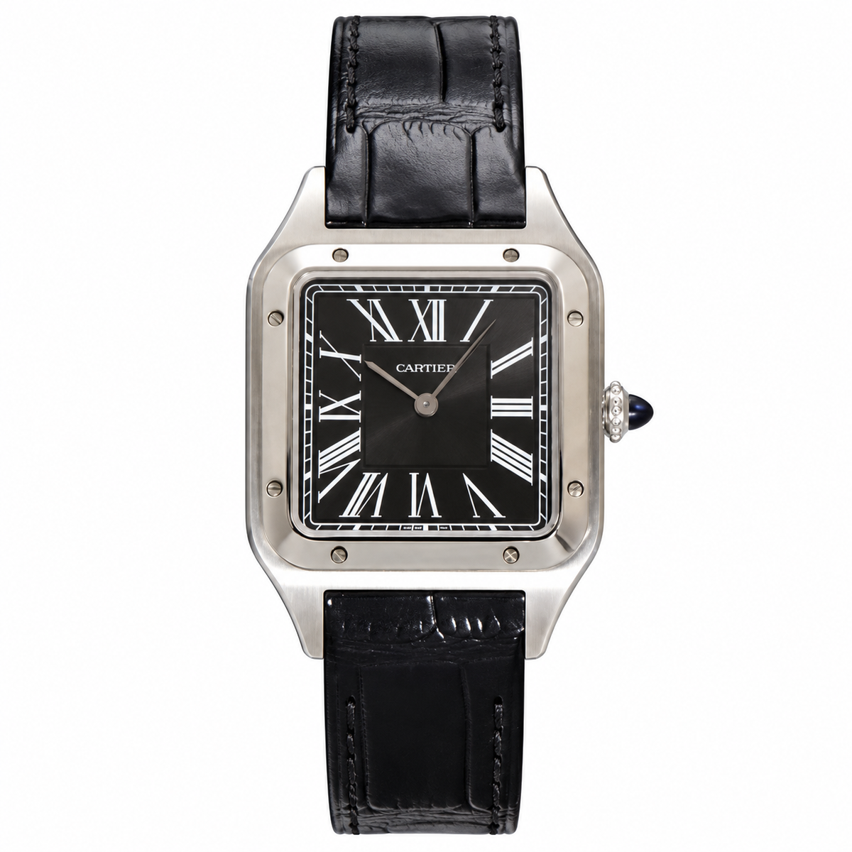 Cartier Santos-Dumont XL — Steel, Black Dial, Roman Numerals & Black Alligator Strap, Manual Wind