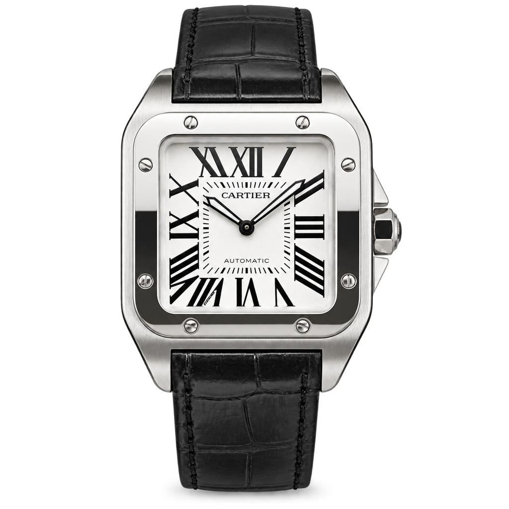 Cartier Santos 100 Large White Dial Black Alligator Leather Watch