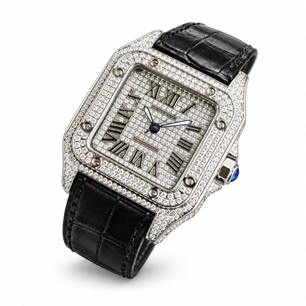 Cartier Santos de Cartier Large — Steel, Full Iced-Out Diamonds, Pavé Dial, Roman Numerals & Black Alligator Strap, Automatic