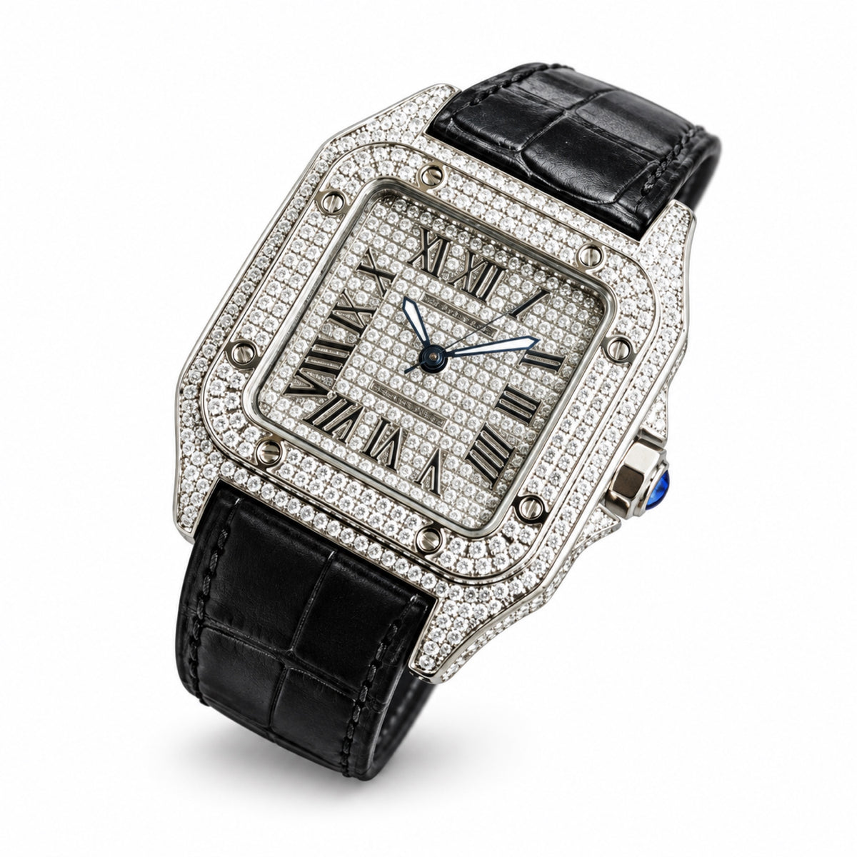 Cartier Santos de Cartier Large — Steel, Full Iced-Out Diamonds, Pavé Dial, Roman Numerals & Black Alligator Strap, Automatic