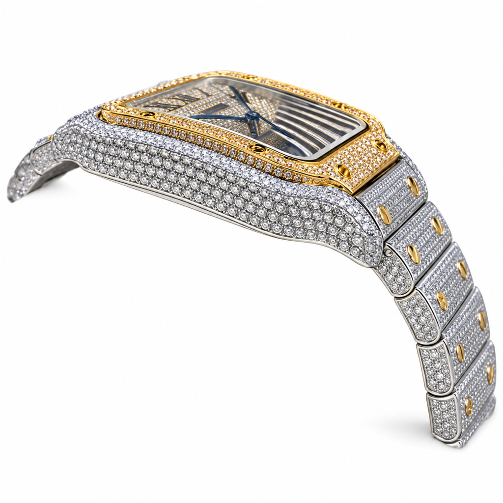 Cartier Santos Iced Out Full Pavé Diamond Two-Tone Yellow Gold Steel Automatic Luxury Watch Swiss Made