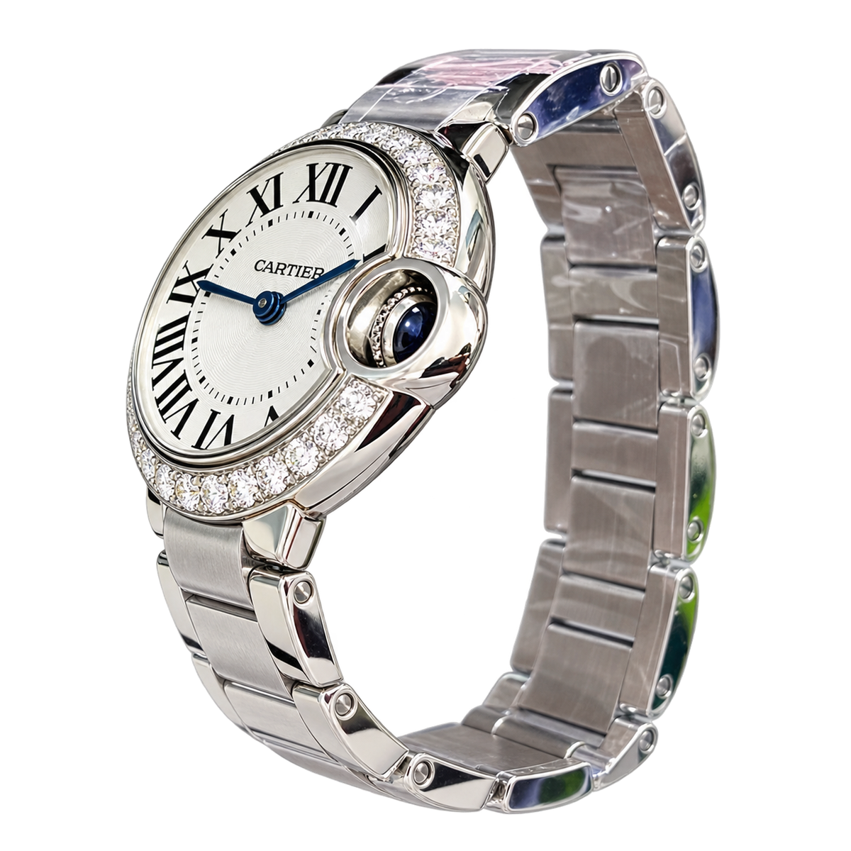 Cartier Ballon Bleu 28mm — Steel, Diamond Bezel, Silver Dial, Roman Numerals & Steel Bracelet, Women