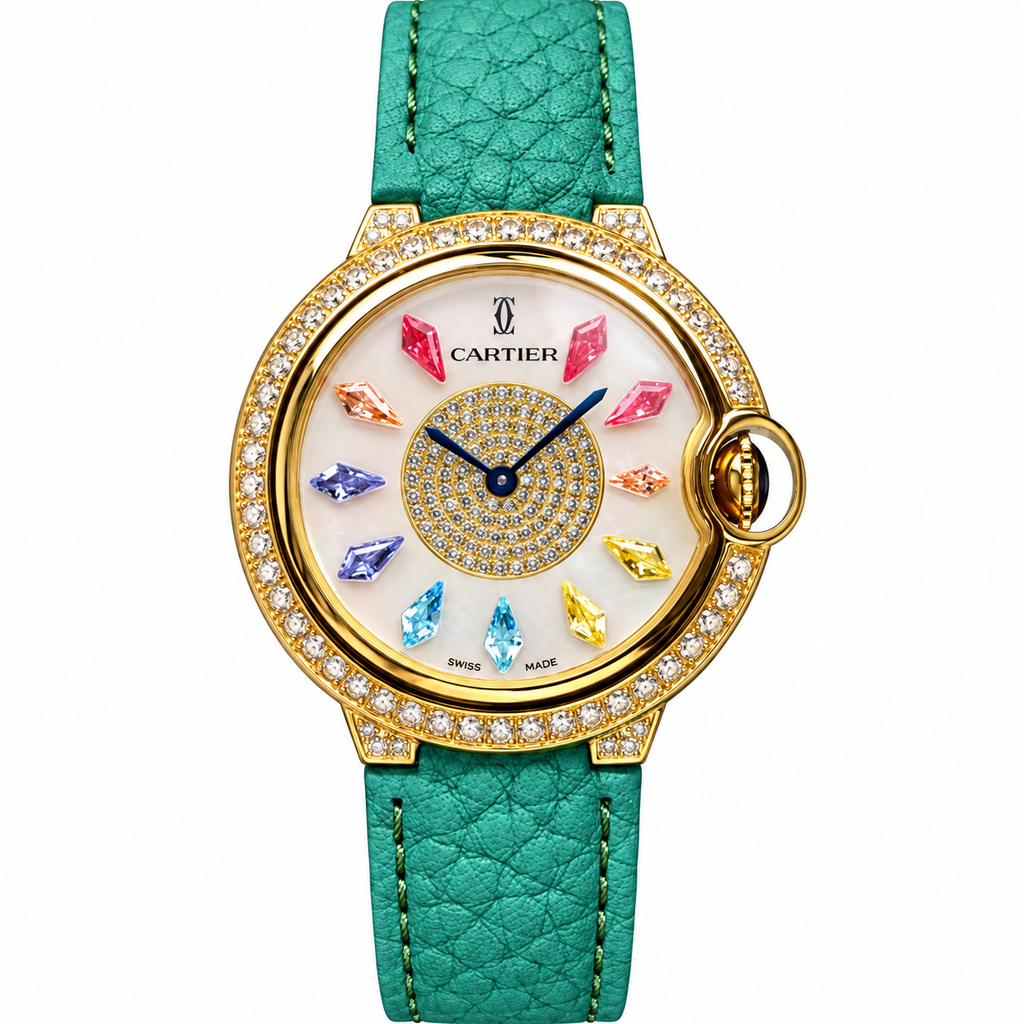 Cartier Ballon Bleu — 18K Yellow Gold, Diamond Bezel, Multicolour Gemstone Dial & Green Leather Strap