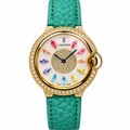 Cartier Ballon Bleu — 18K Yellow Gold, Diamond Bezel, Multicolour Gemstone Dial & Green Leather Strap