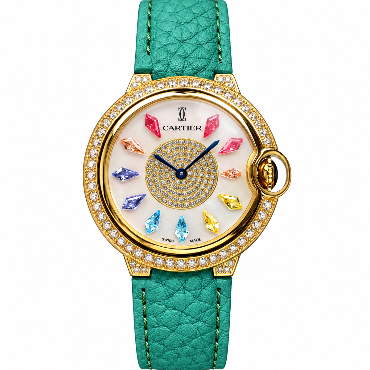Cartier Ballon Bleu — 18K Yellow Gold, Diamond Bezel, Multicolour Gemstone Dial & Green Leather Strap