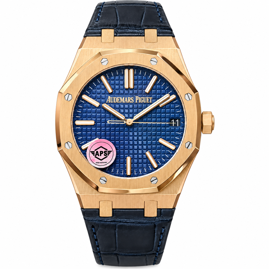 Audemars Piguet Royal Oak 18k Rose Gold Blue Grande Tapisserie Dial Navy Alligator Leather Strap