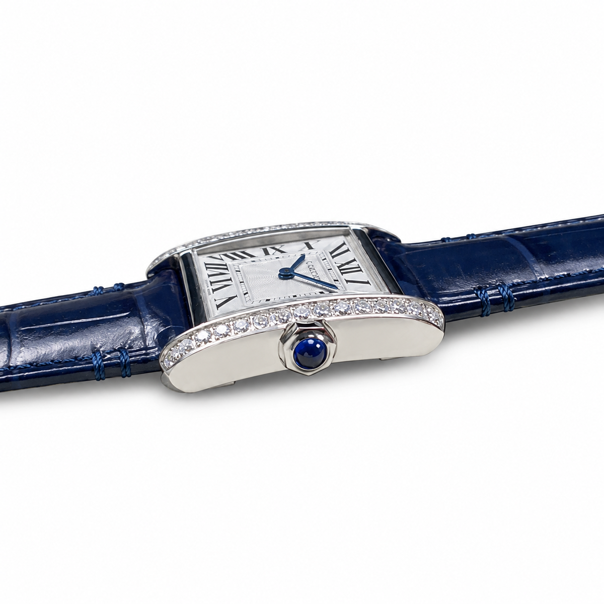 Cartier Tank Louis Small White Gold Diamond Lugs Silver Dial Navy Strap Watch – KDY