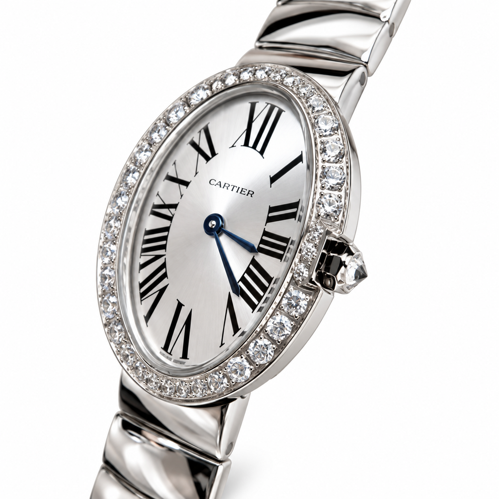 Cartier Baignoire Large — 18K White Gold, Diamond Bezel, Silver Dial, Roman Numerals & White Gold Bracelet, Women