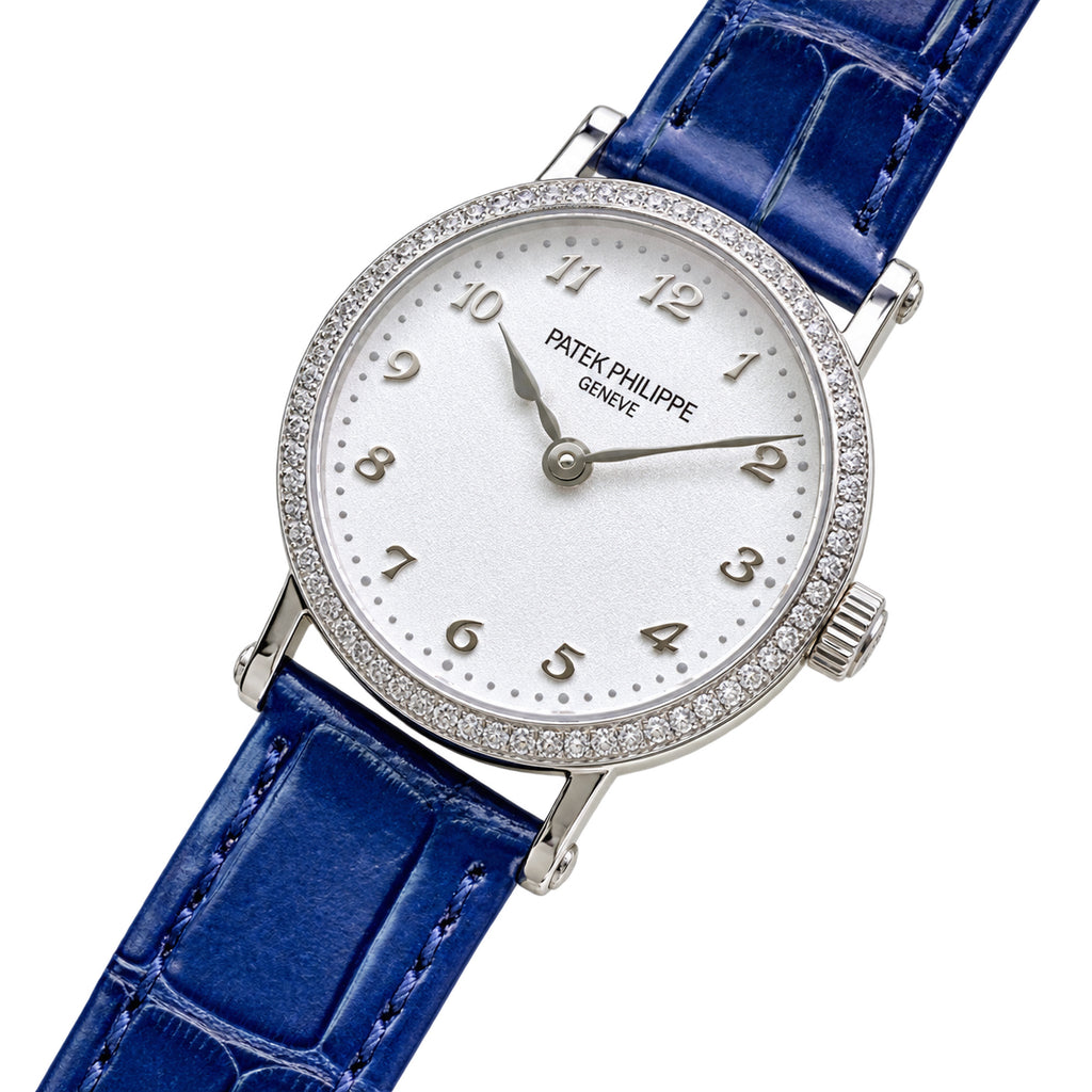 Patek Philippe Calatrava Ref. 7200G — 18K White Gold, Diamond Bezel, White MOP Dial & Blue Alligator Strap, Women