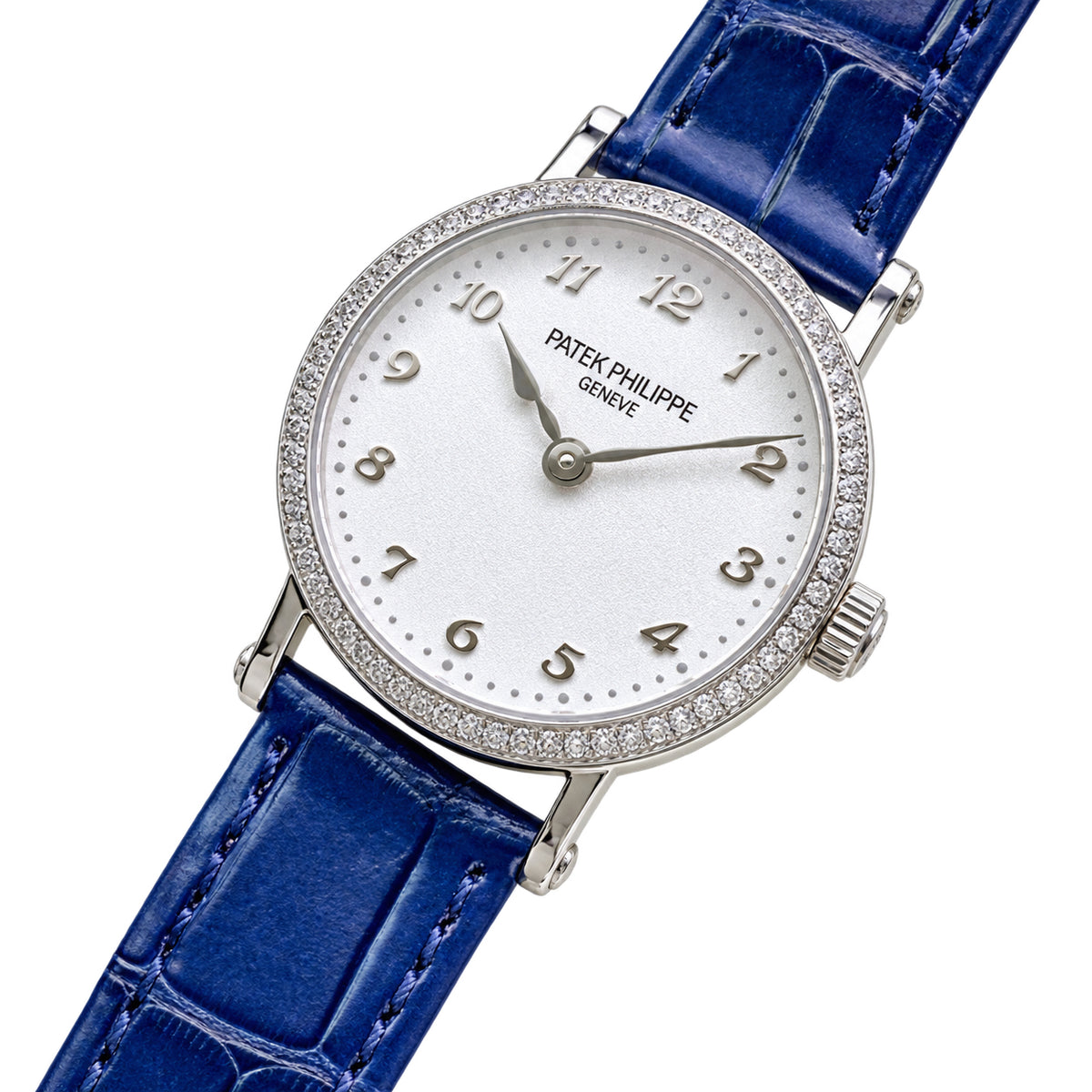Patek Philippe Calatrava Ref. 7200G — 18K White Gold, Diamond Bezel, White MOP Dial & Blue Alligator Strap, Women