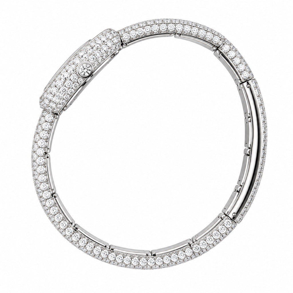 Cartier Baignoire — 18K White Gold, Full Diamond Bezel & Diamond Bangle, White Dial, Women
