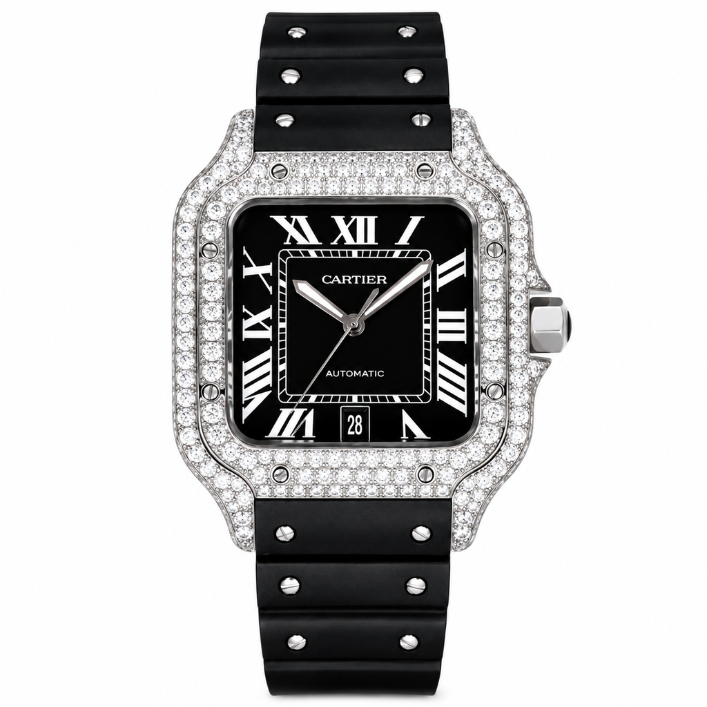 Cartier Santos de Cartier Large — Steel, Diamond Bezel, Black Dial, Roman Numerals, Date & Black Rubber Strap, Automatic