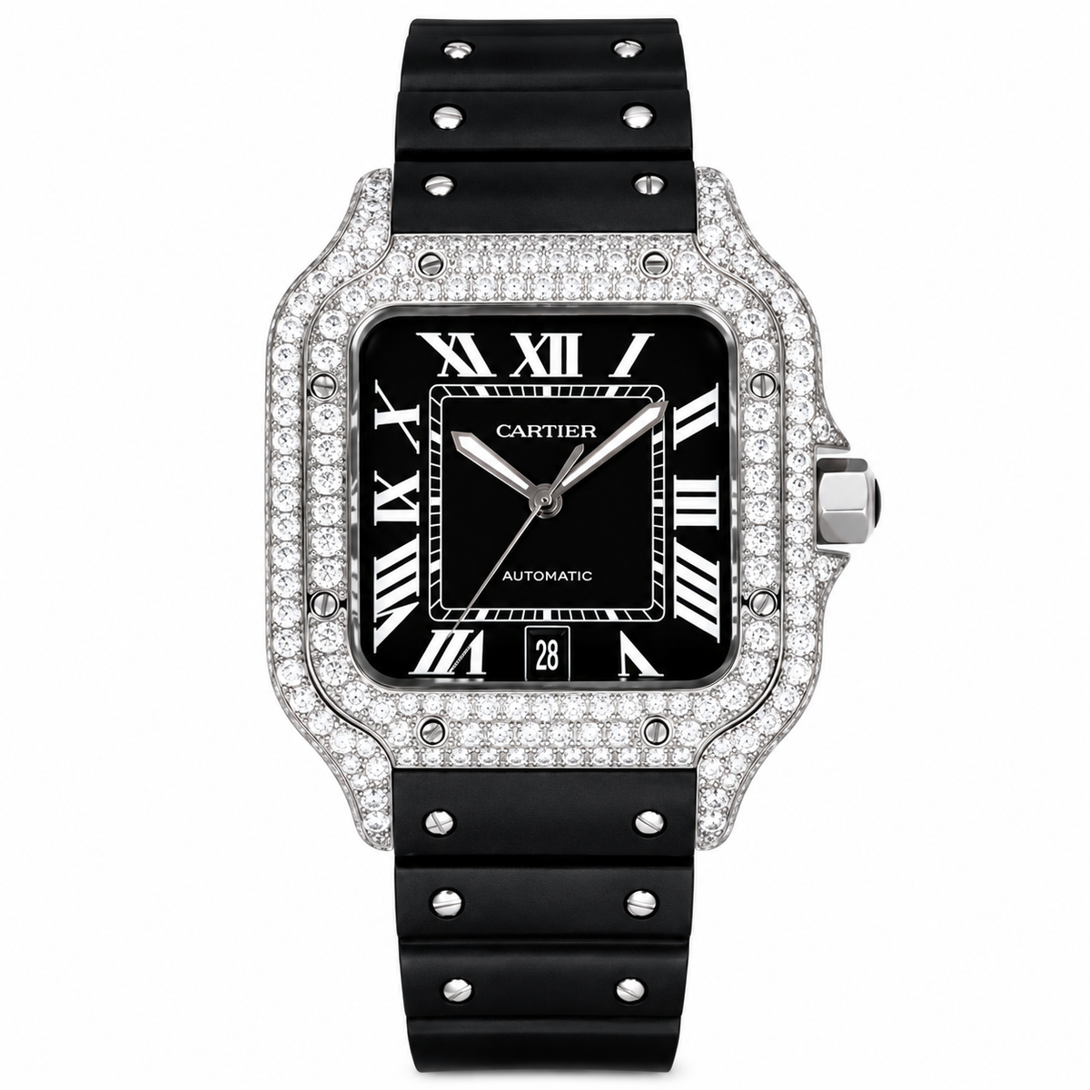 Cartier Santos de Cartier Large — Steel, Diamond Bezel, Black Dial, Roman Numerals, Date & Black Rubber Strap, Automatic