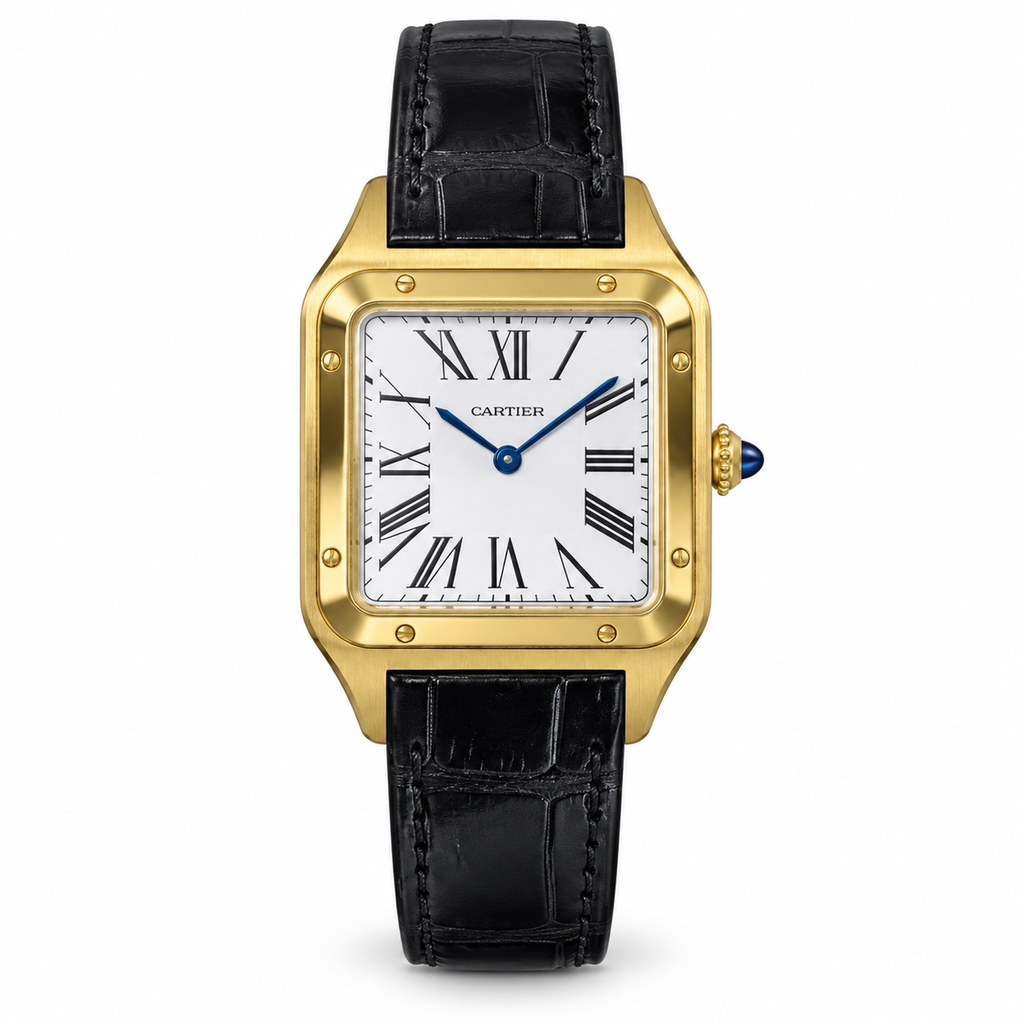Cartier Santos-Dumont Large — 18K Yellow Gold, White Dial, Roman Numerals & Black Alligator Strap, Quartz