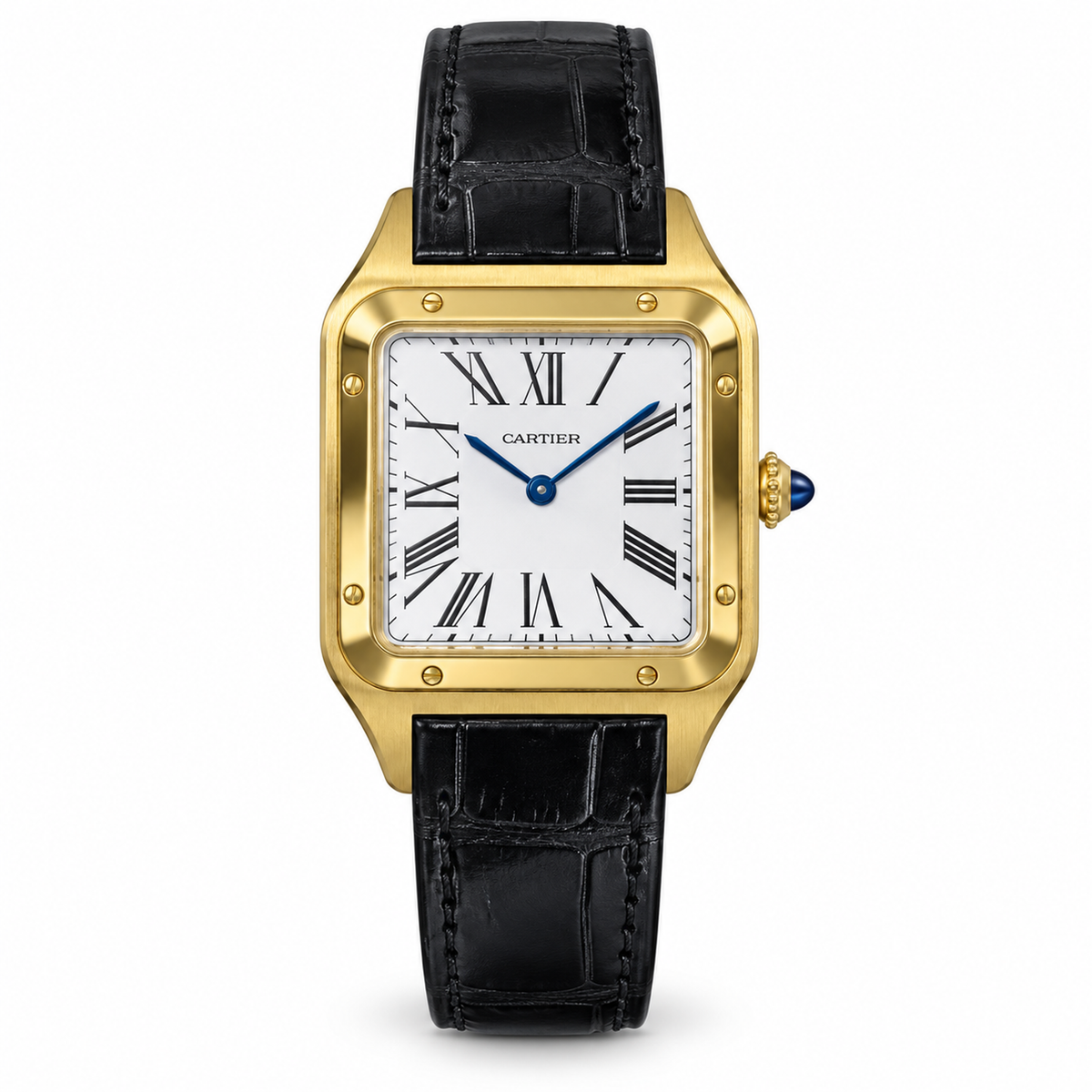 Cartier Santos-Dumont Large — 18K Yellow Gold, White Dial, Roman Numerals & Black Alligator Strap, Quartz