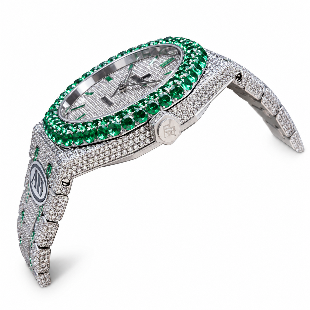 Royal Oak Iced Out – Full Diamond Pavé & Emerald Baguette AMG