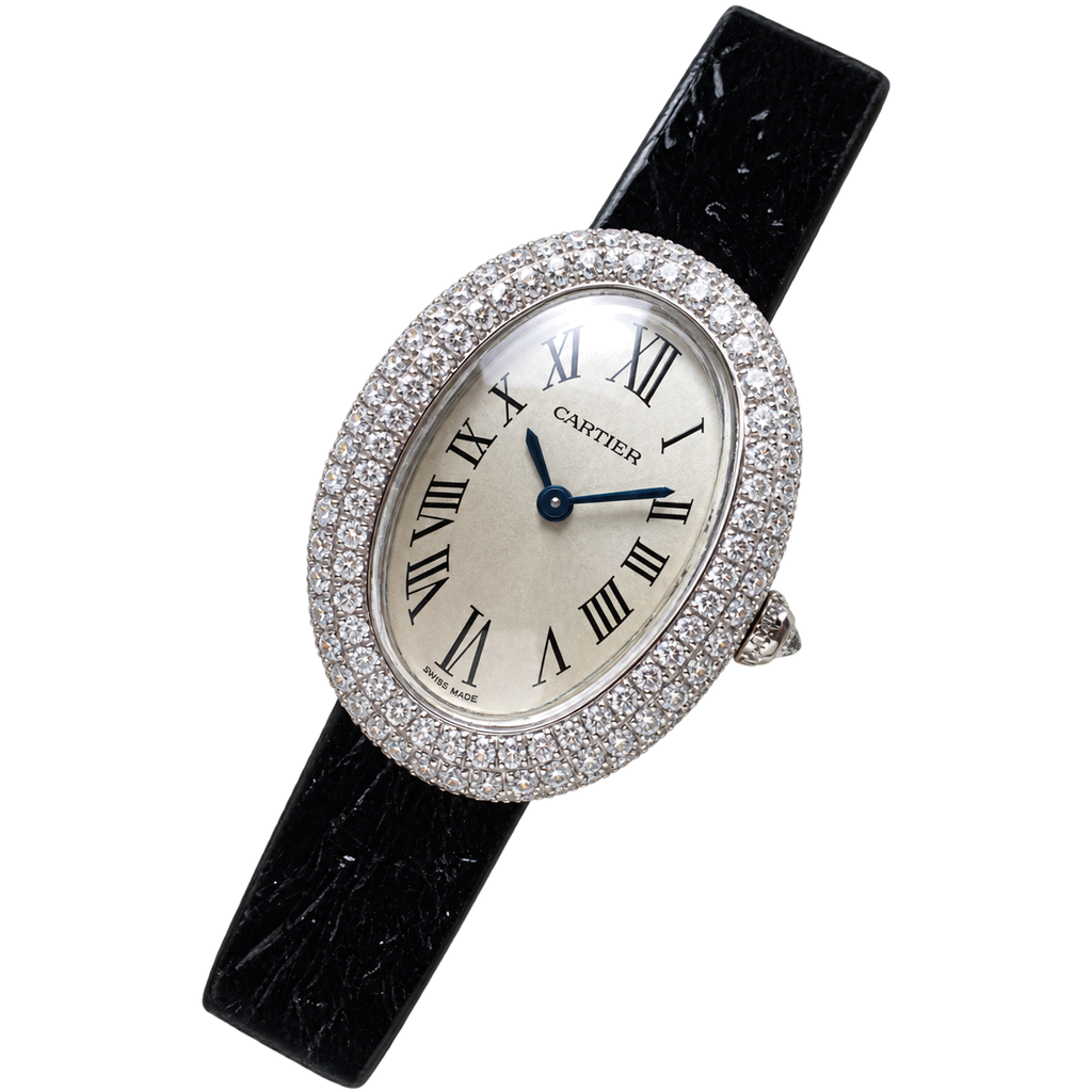 Cartier Baignoire Small — 18K White Gold, Double Diamond Bezel, Cream Oval Dial & Black Stone-Grain Strap, Women