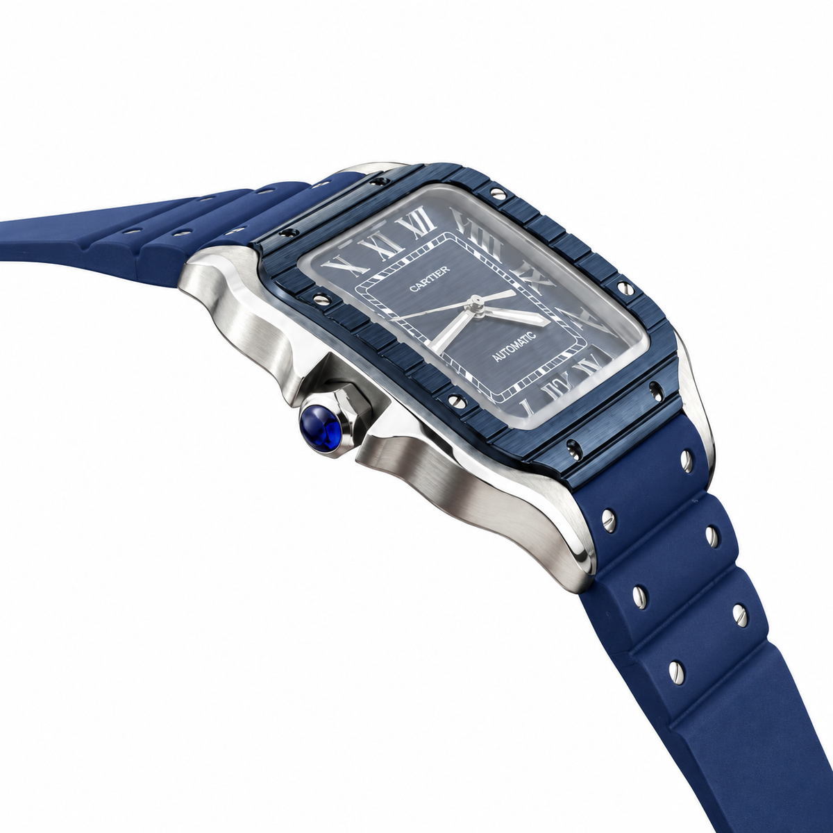 Cartier Santos de Cartier Automatic — Steel & Blue ADLC, Blue Dial & Rubber Strap