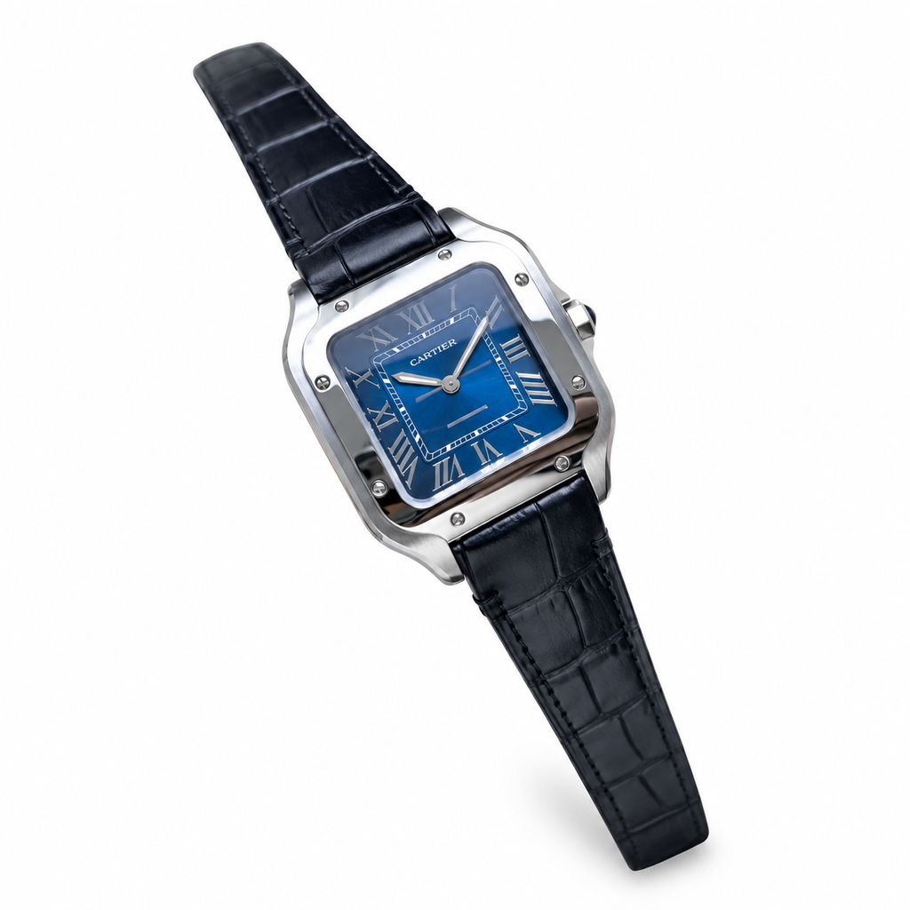 Cartier Santos Large — Steel, Blue Dial, Roman Numerals & Black Alligator Strap, Automatic
