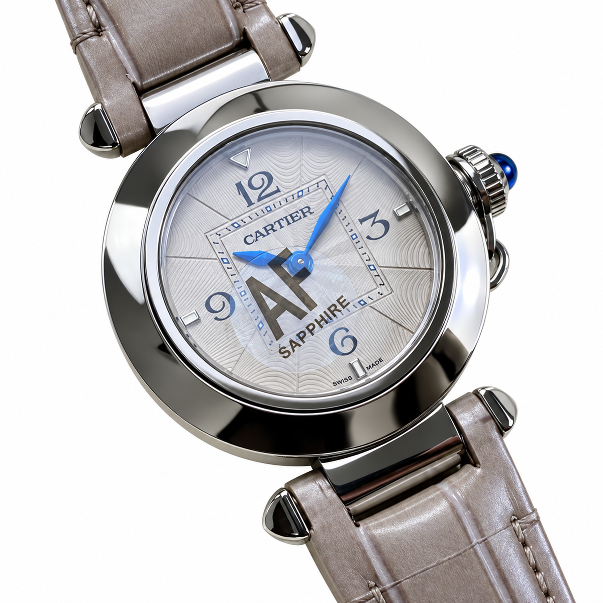 Cartier Pasha de Cartier 35mm — Steel, Silver Dial, Arabic Numerals & Grey Leather Strap, Women