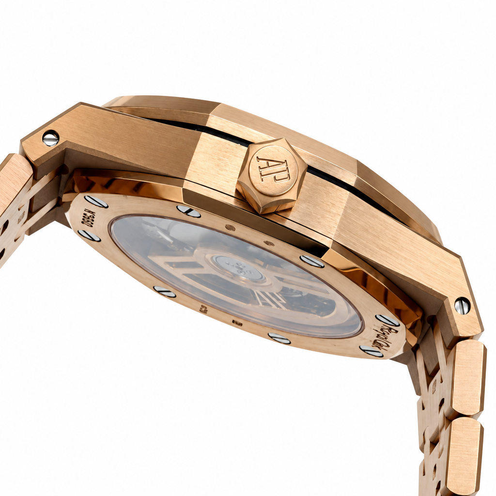 Audemars Piguet Royal Oak Rose Gold Diamond Bezel Blue Tapisserie Date Watch