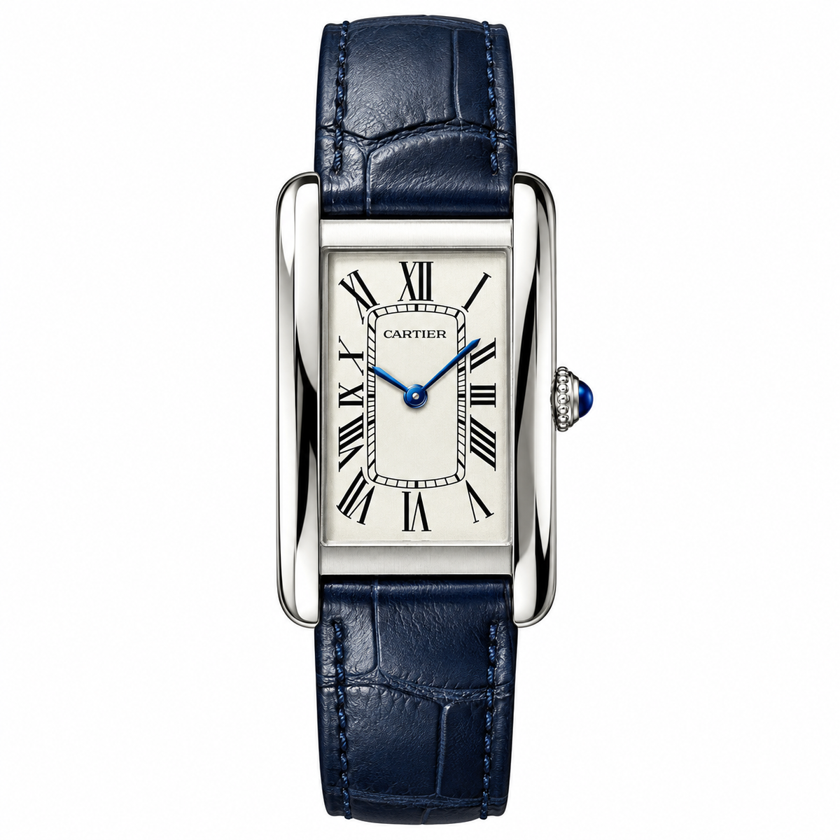 Cartier Tank Américaine Large — 18K White Gold, Silver Dial, Roman Numerals & Navy Alligator Strap, Automatic