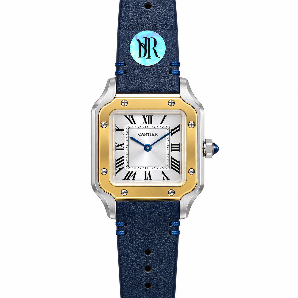 Cartier Santos Small Steel Yellow Gold Two-Tone Silver Dial Quartz Navy Strap Watch – KDY