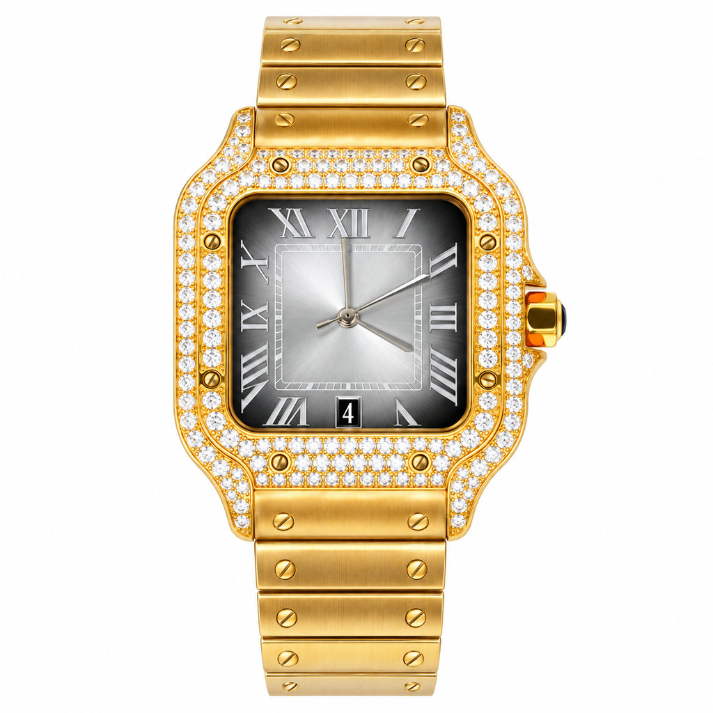 Cartier Santos de Cartier Automatic — 18K Yellow Gold, Full Diamond Bezel & Gold Bracelet, Large