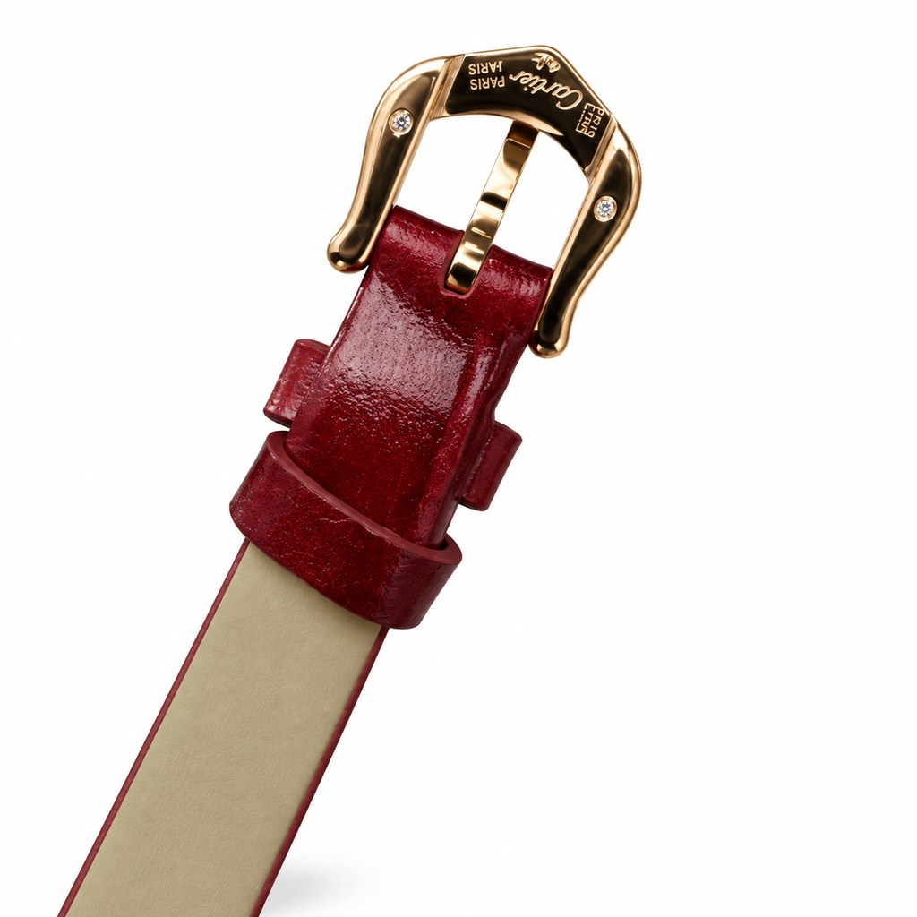 Cartier Love Watch Small — 18K Yellow Gold, 4 Diamonds, Silver Dial & Red Lacquer Strap, Women