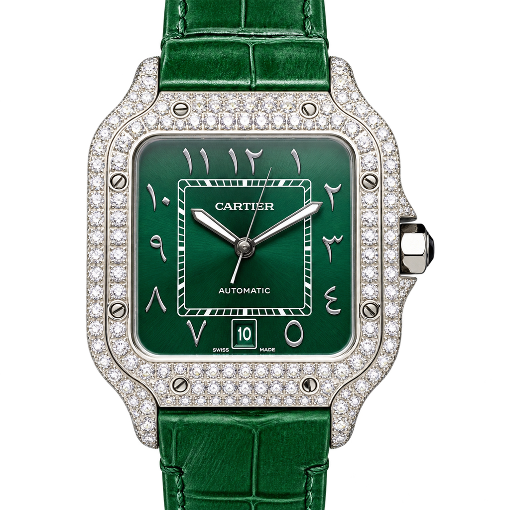 Cartier Santos de Cartier Diamond Bezel Arabic Numerals Emerald Green Dial Alligator Strap Watch