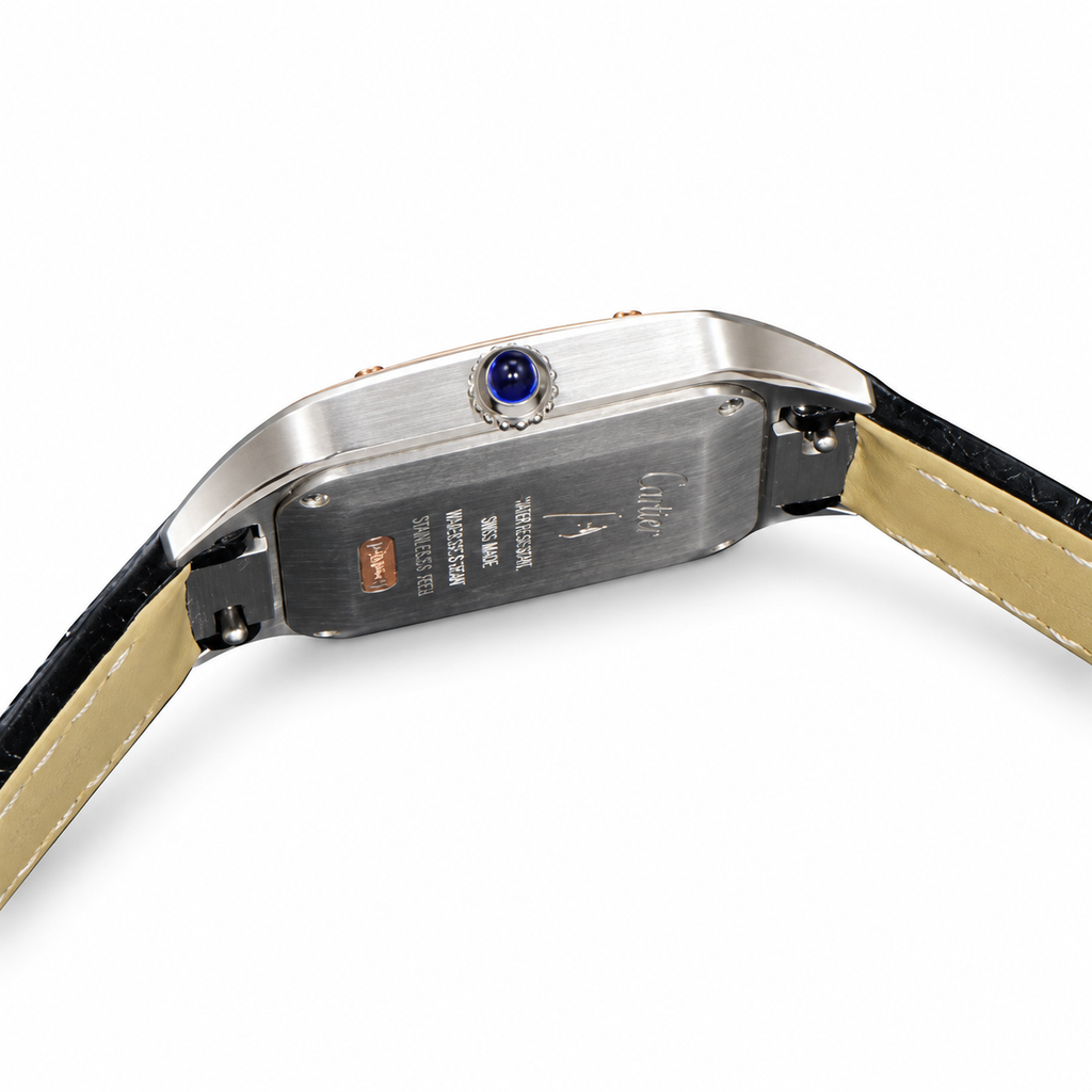 Cartier Santos-Dumont — Two-Tone Rose Gold & Steel, White Dial & Black Leather Strap