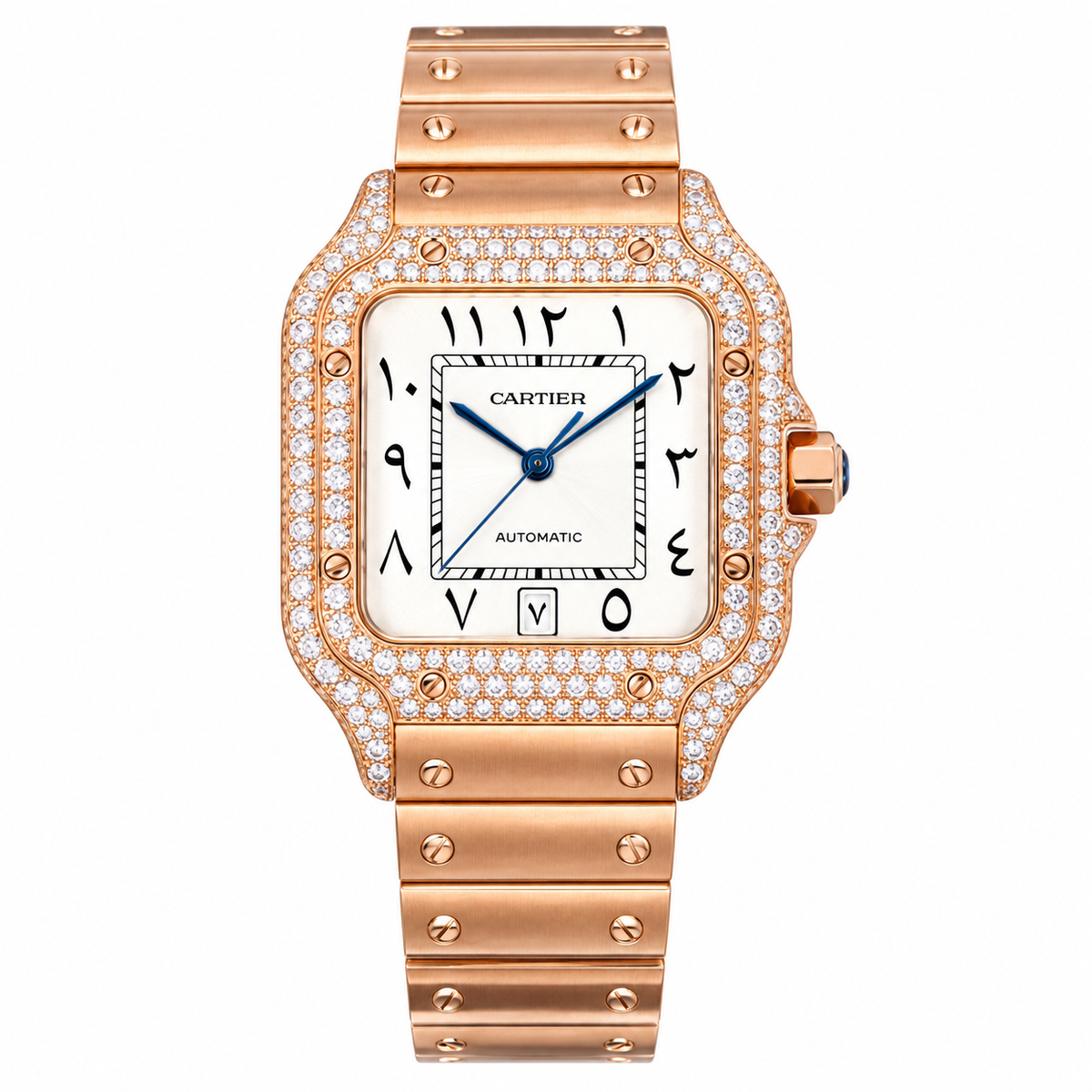 Cartier Santos Large — 18K Rose Gold, Full Diamond Bezel & Lugs, White Dial, Arabic Calligraphy, Date & Rose Gold Bracelet, Automatic