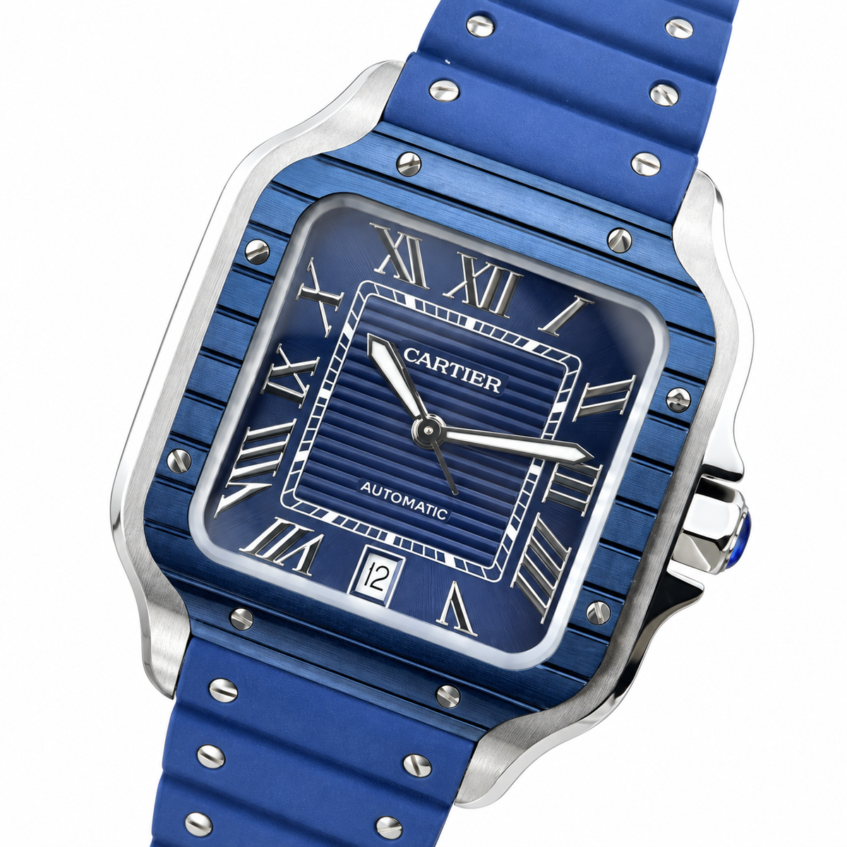 Cartier Santos de Cartier Automatic — Steel & Blue ADLC, Blue Dial & Rubber Strap