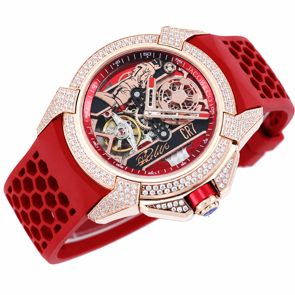 Jacob & Co. Epic X CR7 Rose Gold Diamond Tourbillon Skeleton Red Rubber Watch
