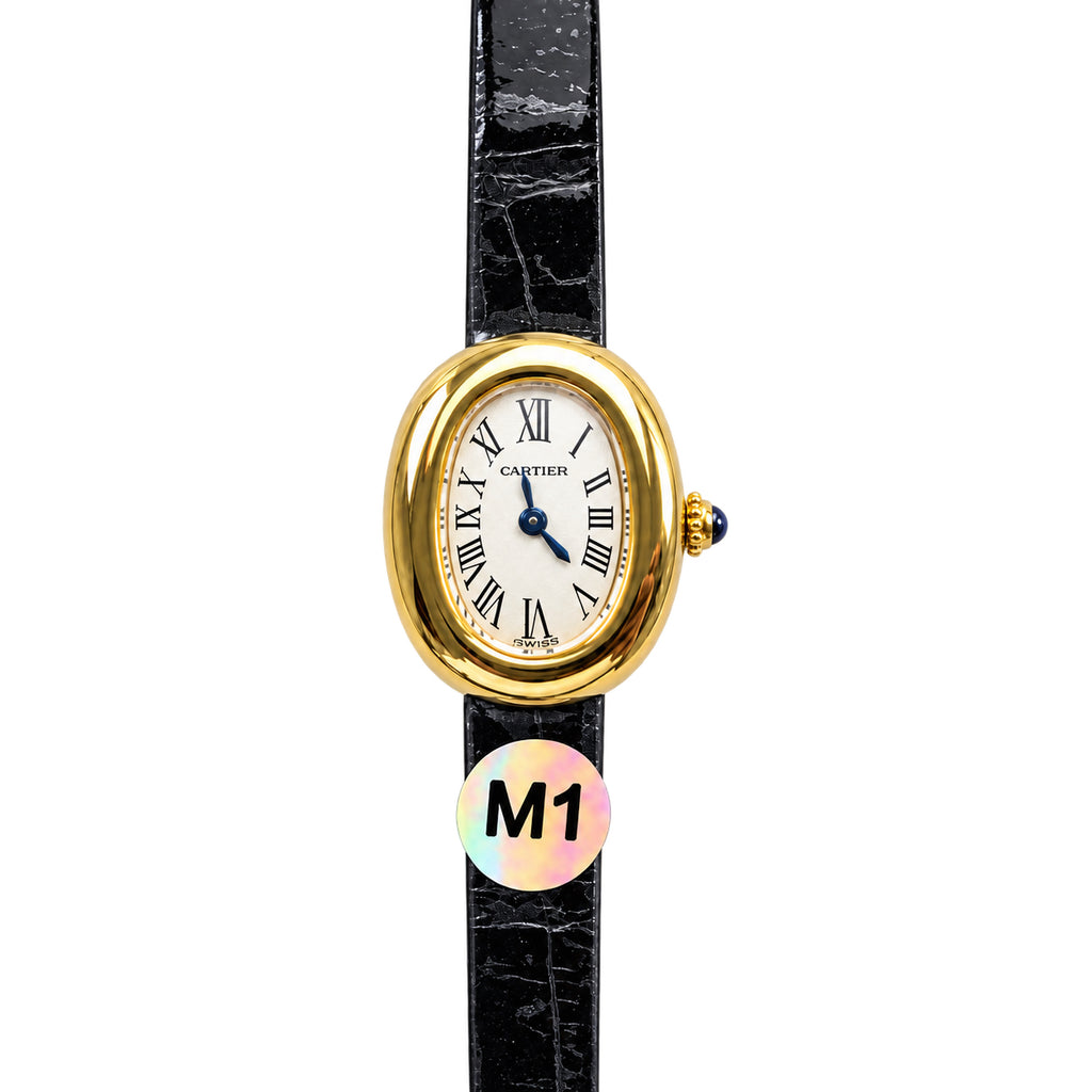 Cartier Baignoire 18K Yellow Gold Oval Watch Black Leather Strap