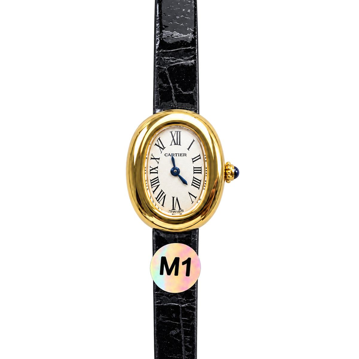 Cartier Baignoire 18K Yellow Gold Oval Watch Black Leather Strap